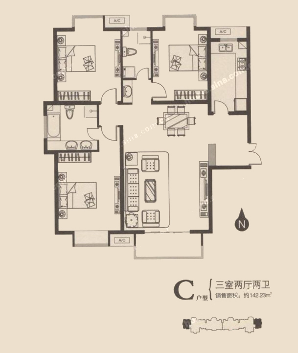 C戶(hù)型 三室兩廳兩衛(wèi) 142.23㎡