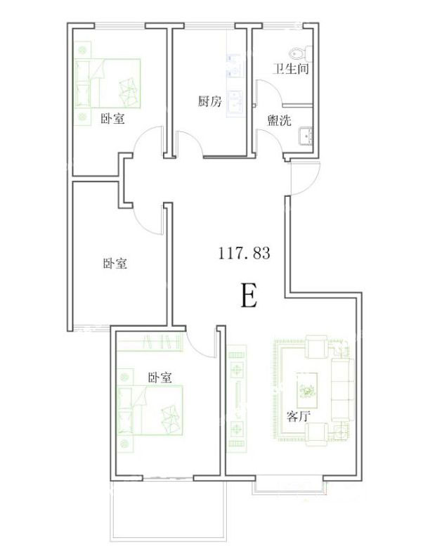 E戶型 117.83㎡3室1廳